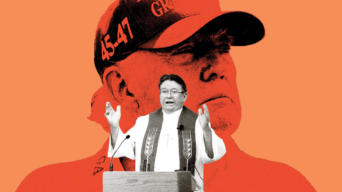 A photo illustration shows pastor Stephen Lee at the pulpit in black and white with Donald Trump looming behind him in orange.