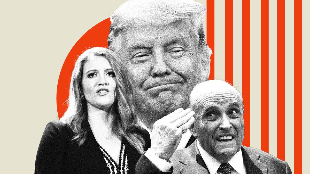 Photo illustration of a smiling Donald Trump collaged behind Jenna Ellis and Rudolph Giuliani with red detailing in the background.