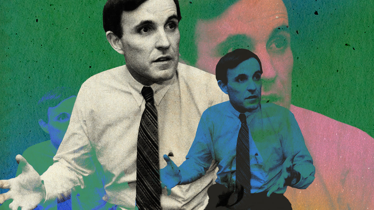 A photo illustration of four young Rudy Giuliani’s with his arms outstretched and overlapping each other on a green background.