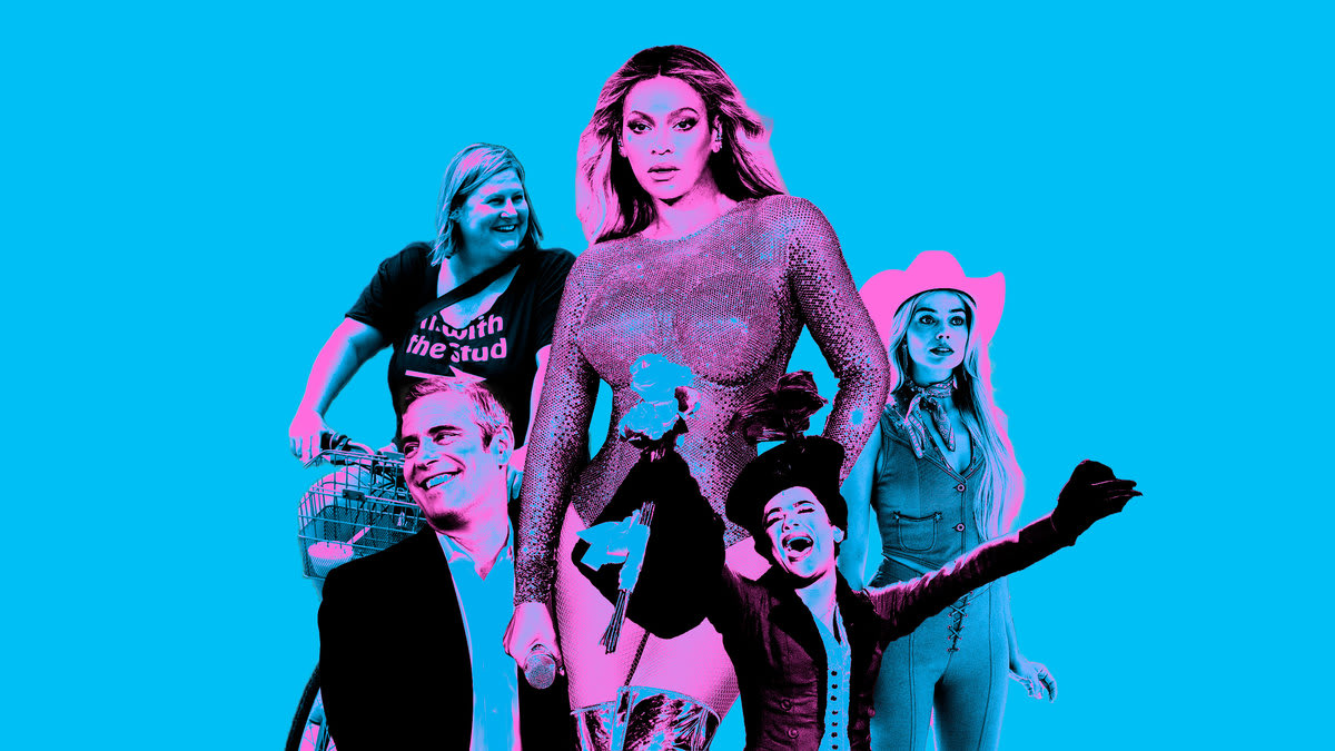 A blue and pink photo illustration featuring Beyonce, Lea Michele, Barbie, Bridget Everett from Somebody Somewhere, and Andy Cohen.