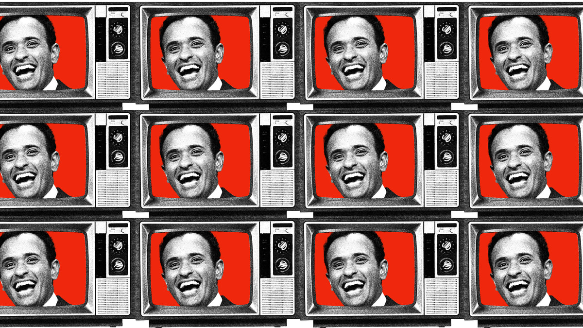 Photo illustration of an old television set featuring Vivek Ramaswamy on a red background, tiled.