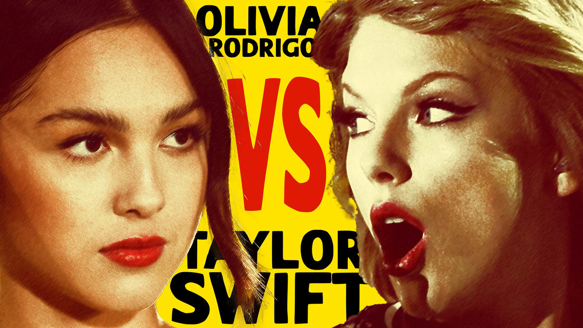 Photo illustration of Olivia Rodrigo and Taylor Swift on a yellow background with “Olivia Rodrigo vs Taylor Swift” in text behind them.