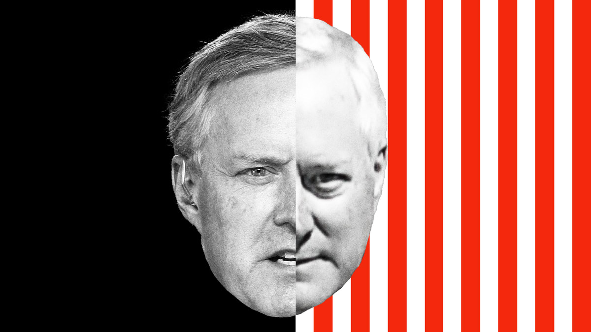 Photo illustration of two portraits of Mark Meadows on a black and red and white stripe background.