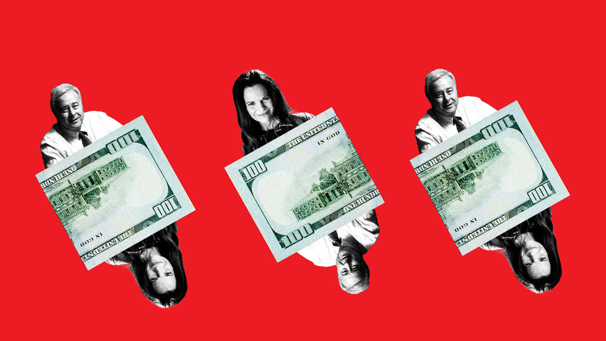 A photo illustration of Marlene Galan Woods and Dennis Wilenchik coming out of hundred dollar bills