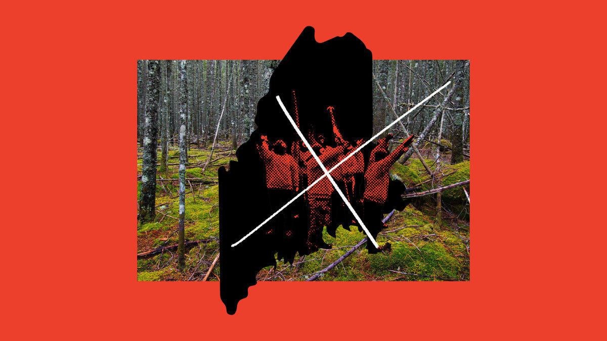 A photo illustration that shows members of the neo-Nazi group Blood Tribe overlaying the outline of Maine over a picture of the woods in Maine. there is a white “X” over the members