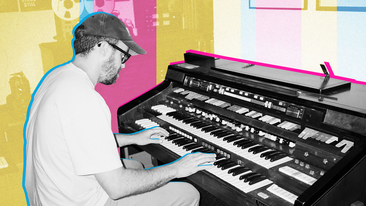 A photo illustration showing John Wilson in the season finale of How To With John Wilson playing an organ.