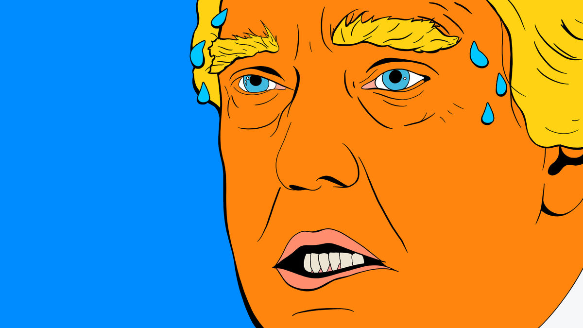 Illustration of Donald Trump with sweat coming off his forehead