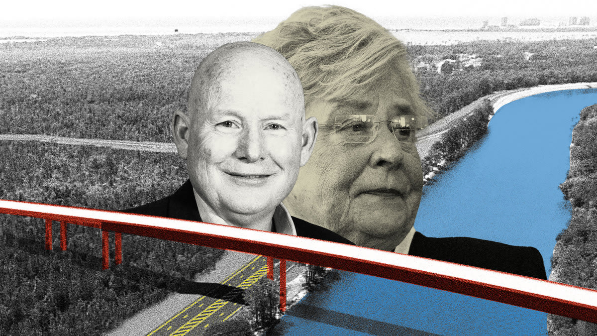 Photo illustration of John Cooper of the Alabama Department of Transportation and Governor Kay Ivey (R-AL) collaged with a mockup of a proposed Alabama bridge.