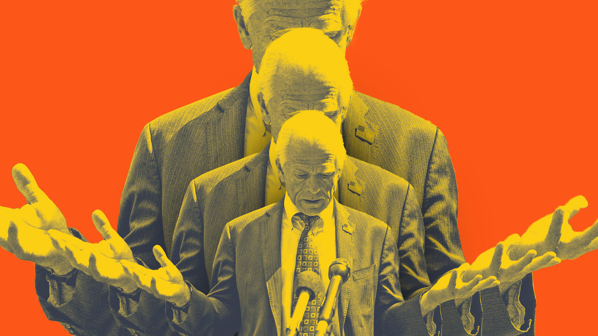 A photo illustration shows Peter Navarro with his head bowed and hands outstretched, overlaying three times in yellow on an orange background.