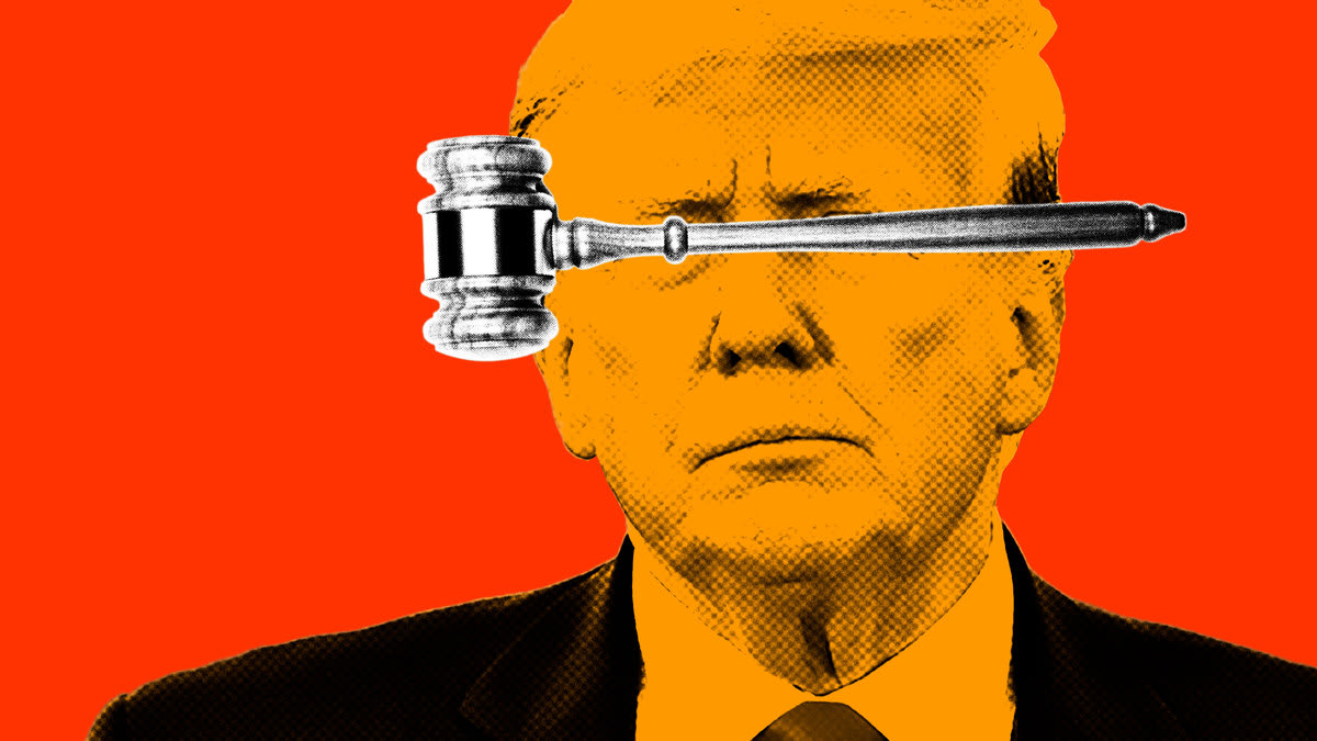 A photo illustration shows Donald Trump in orange with a gavel over his eyes