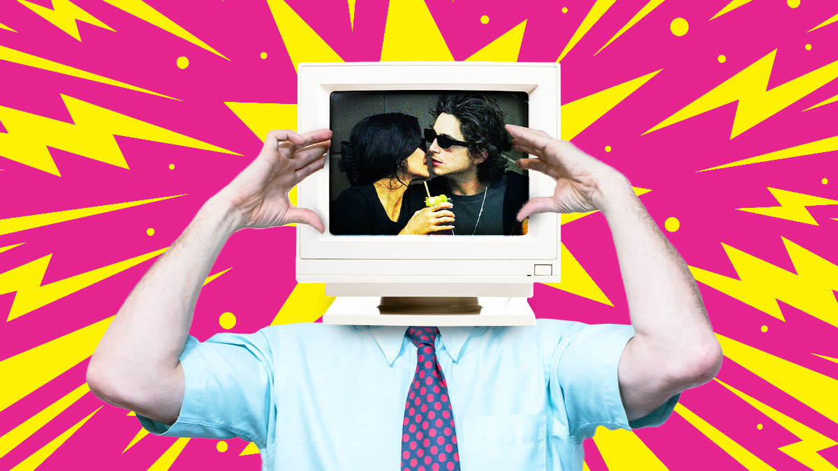 A photo illustration of a man with a computer for a head that shows Kylie Jenner and Timothee Chalamet kissing with an explosion in the background.