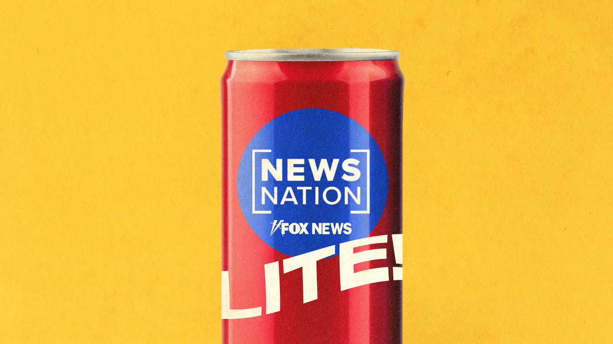 A photo illustration of a red can labeled “News Nation: Fox News Lite!”