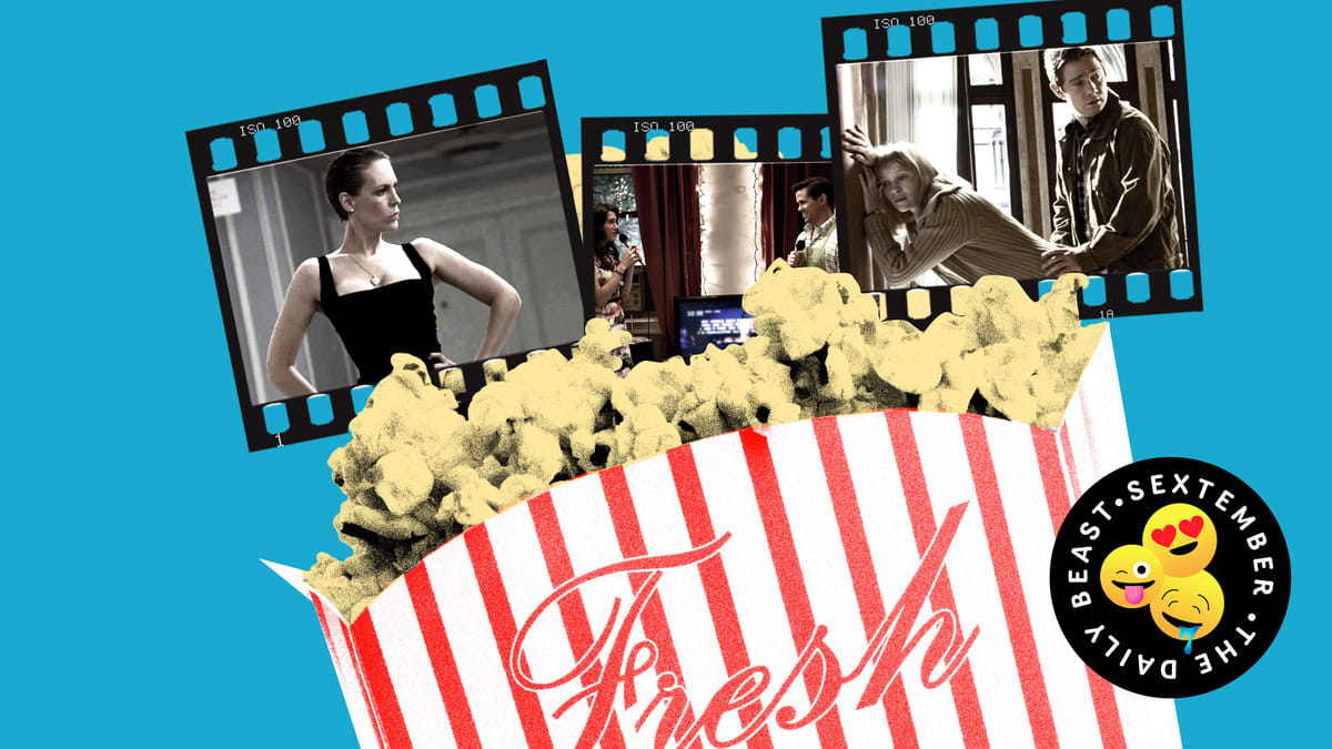 Photo illustration of a box of popcorn with film stills from Love Actually, True Lies, and Girls.