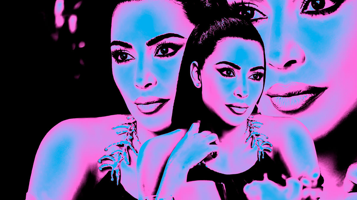 A photo illustration of Kim Kardashian in blue, pink and black in American Horror Story Delicate