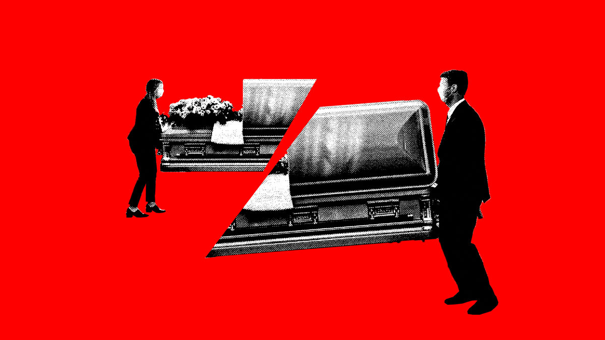 A photo illustration of mortuary workers carrying a coffin that has been split in half on a red background.