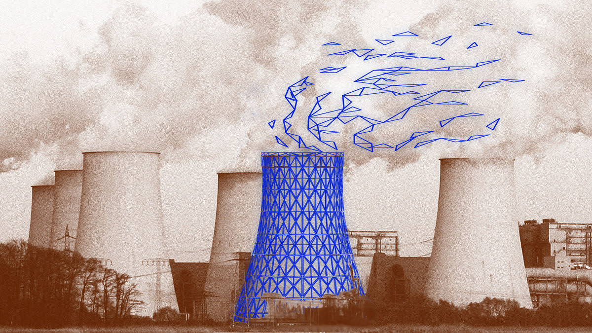 A nuclear power plant with a digital AI vector over top.