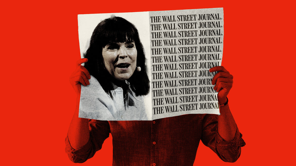 Photo illustration of someone holding a newspaper with Emma Tucker and the Wall Street Journal logo on it.