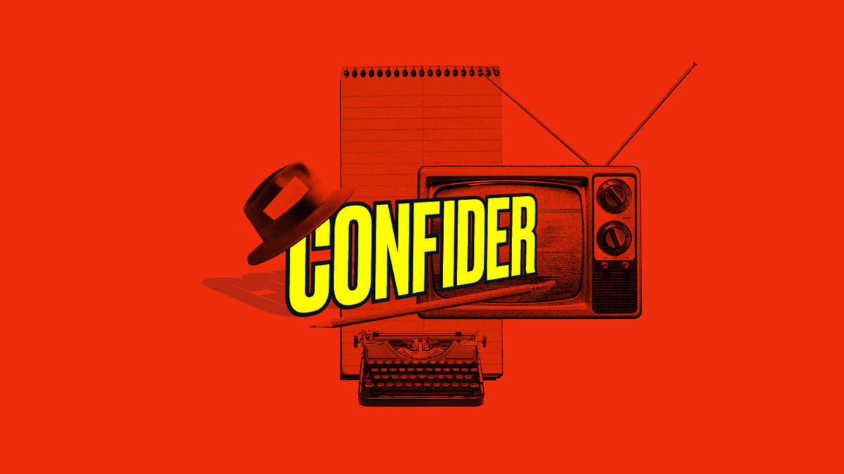 Photo illustration of a hat, a journalist notebook, a tv, and a typewriter with the “Confider” logo on a red background
