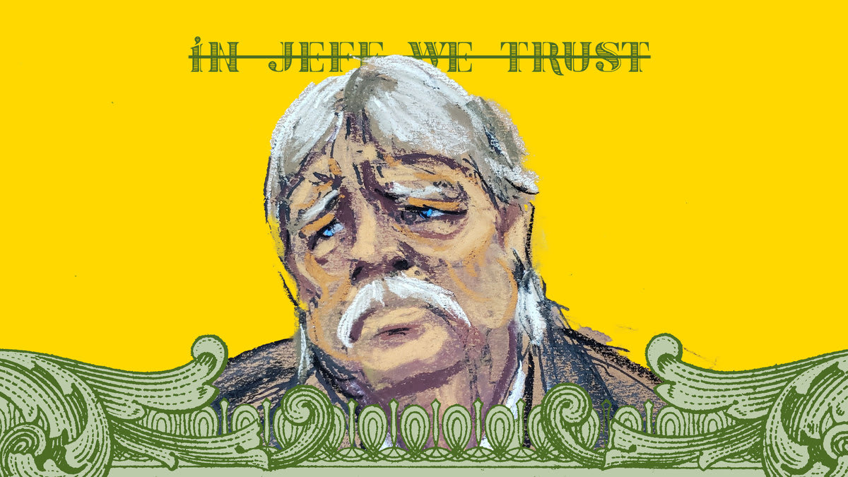 Photo illustration of a courtroom sketch of Jeff McConney with the words “In Jeff We Trust” crossed out behind his head and a flourish of a money border at the bottom.