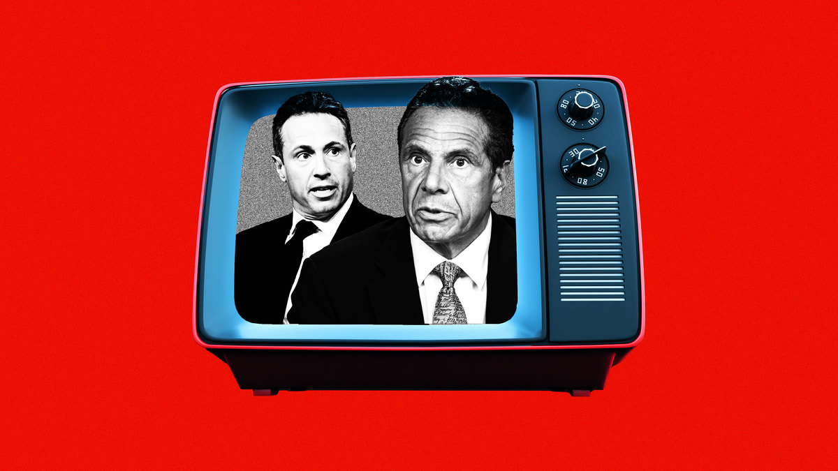 An illustration including photos of Andrew Cuomo, Chris Cuomo, and a Television Set