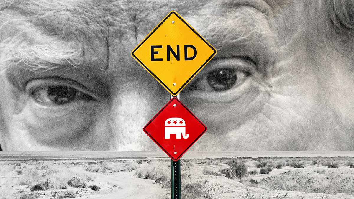 A photo illustration of an “End of Road” sign in the middle of the desert with a large Donald Trump looming in the background