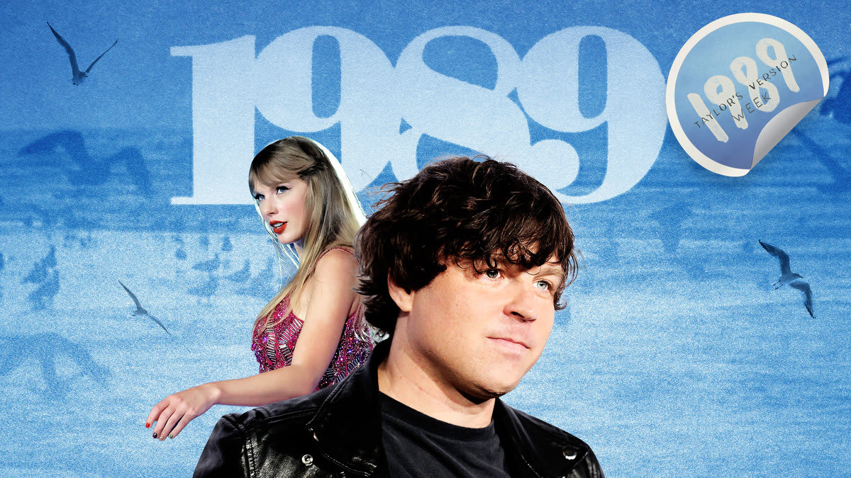 An illustration including photos of Taylor Swift and Ryan Adams