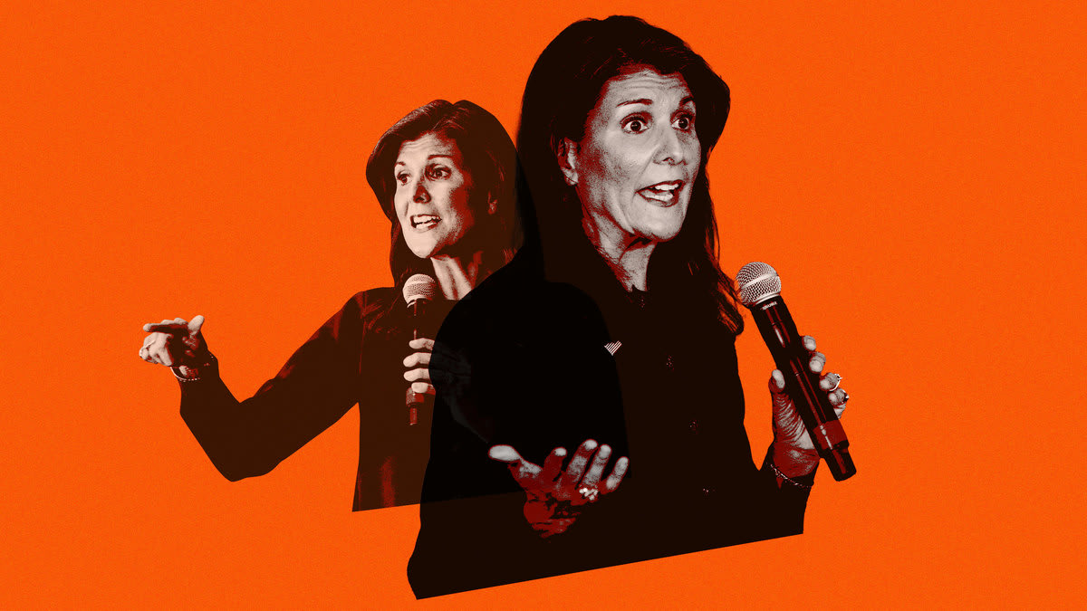 A photo illustration showing Nikki Haley giving speeches on the campaign trail.