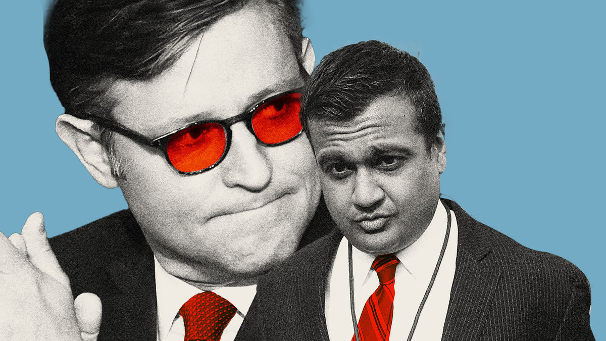 Illustration featuring Speaker of the House Mike Johnson and former Fox News executive Raj Shah.