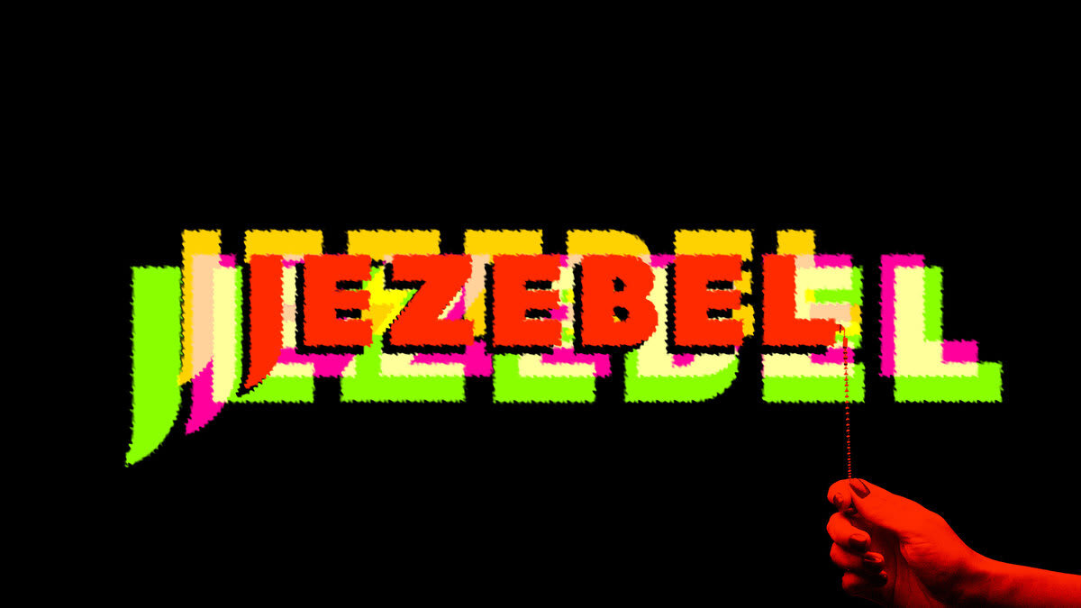 Photo illustration of a layered logo from Jezebel in various colors with an arm pulling an off switch.