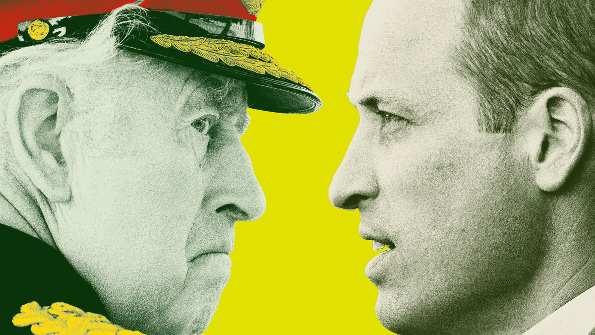 Photo illustration of King Charles facing Prince William on a chartreuse background.