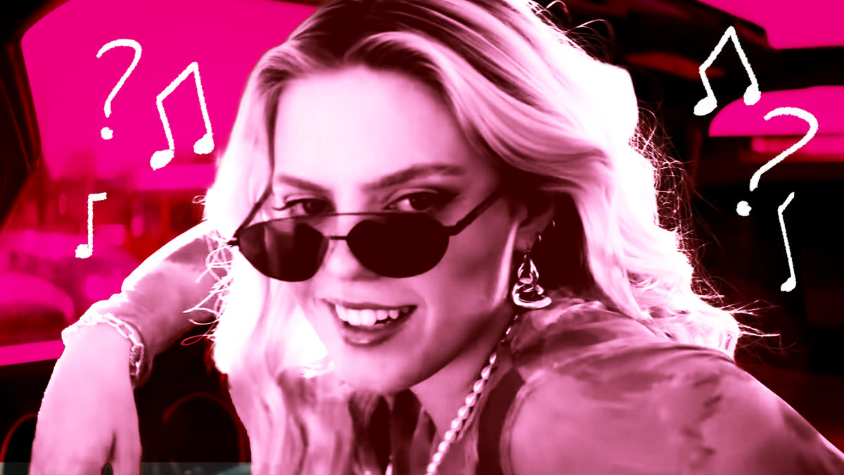 A photo illustration of Renee Rapp in Mean Girls with music notes and question marks around her