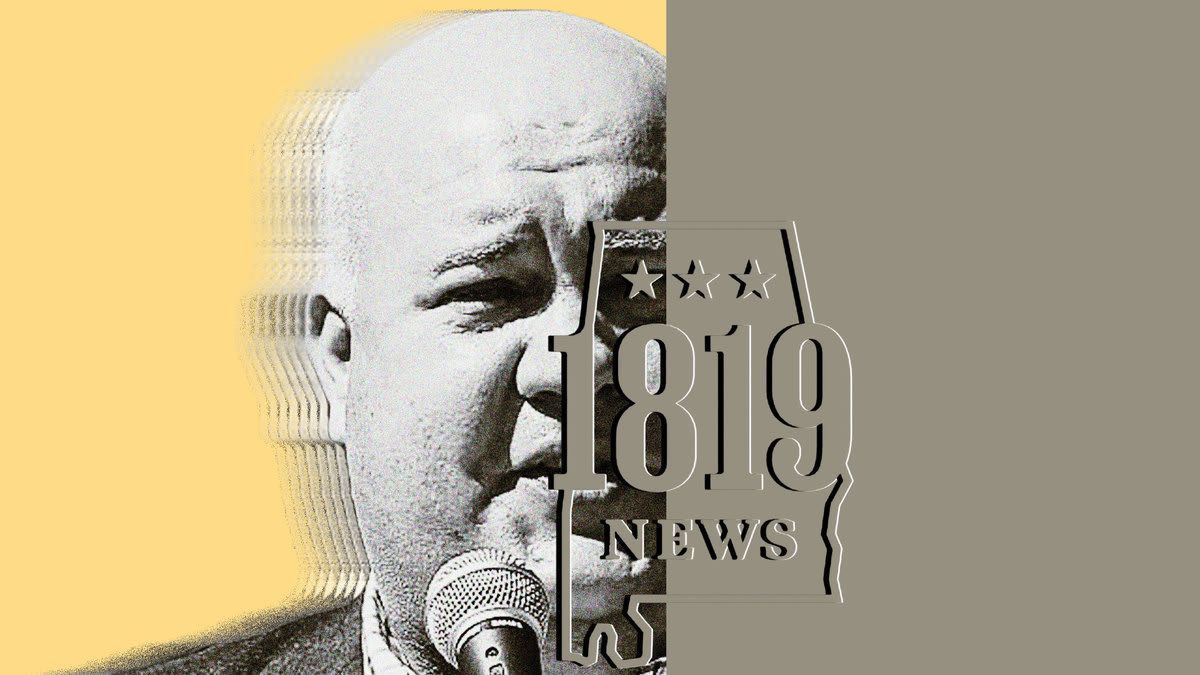 A photo illustration showing a black and white portrait Bubba Copeland fading away on a light yellow background under the 1819 News company logo.