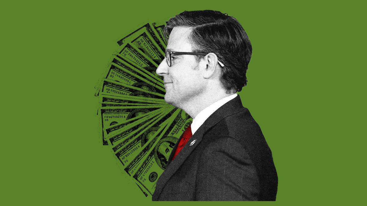 Photo illustration of Mike Johnson with a fan of $100 bills behind him on a green background.