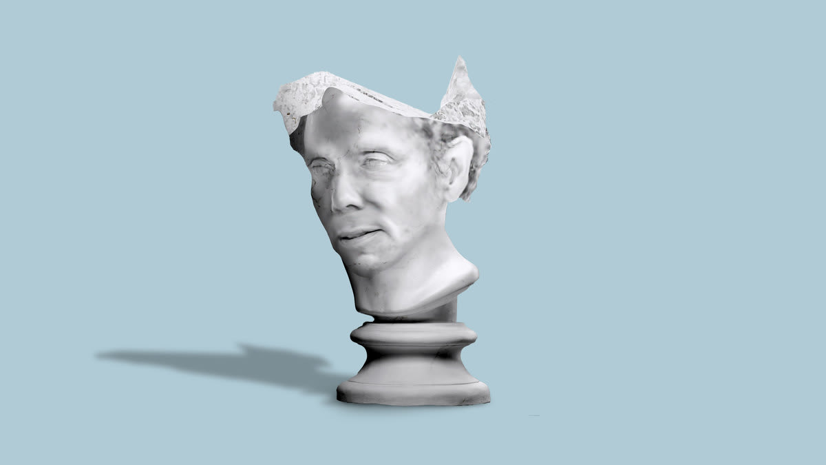 Photo illustration of a marble bust of Malcolm Gladwell with the top cracked.