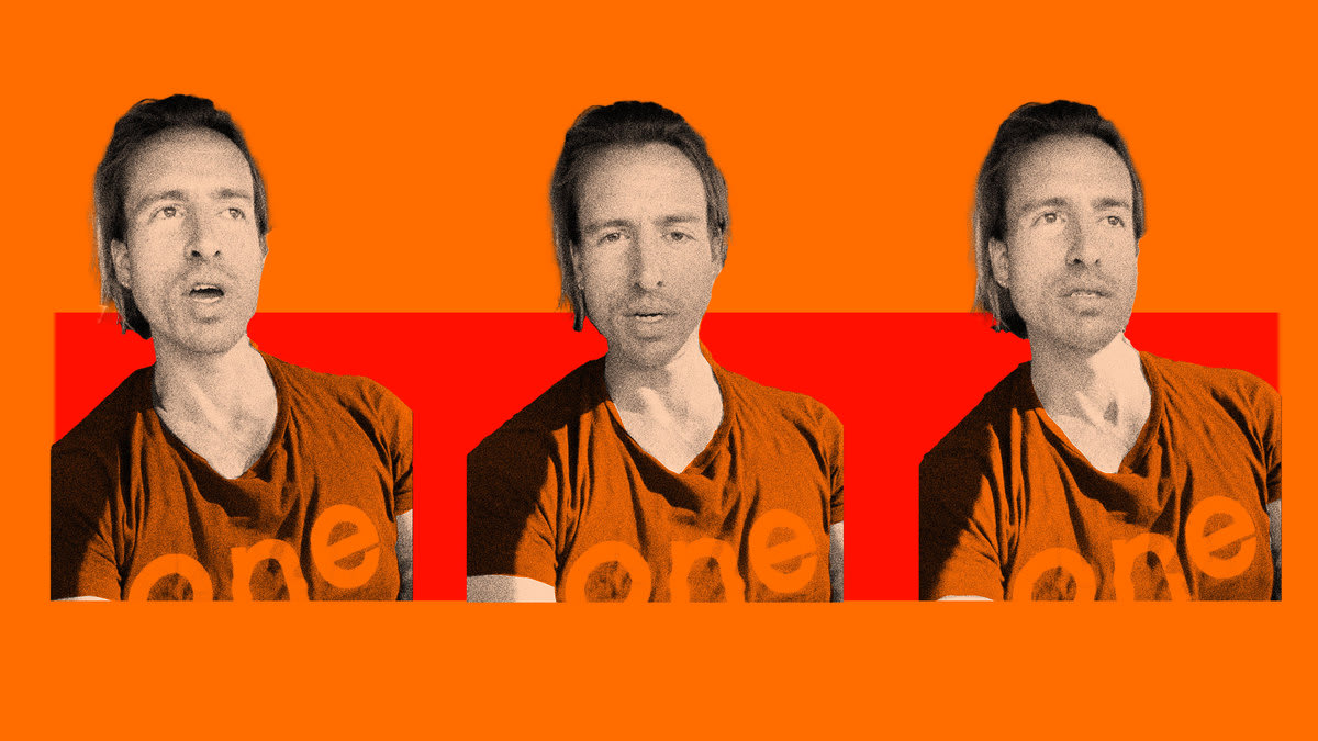 Photo illustration of three portraits of Sam Haskell on a red and orange background.