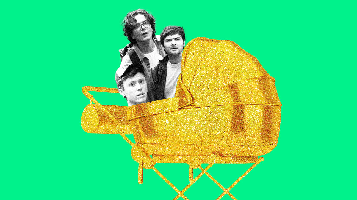 Photo illustration of the members of Please Don’t Destroy in a golden, glitter baby pram.