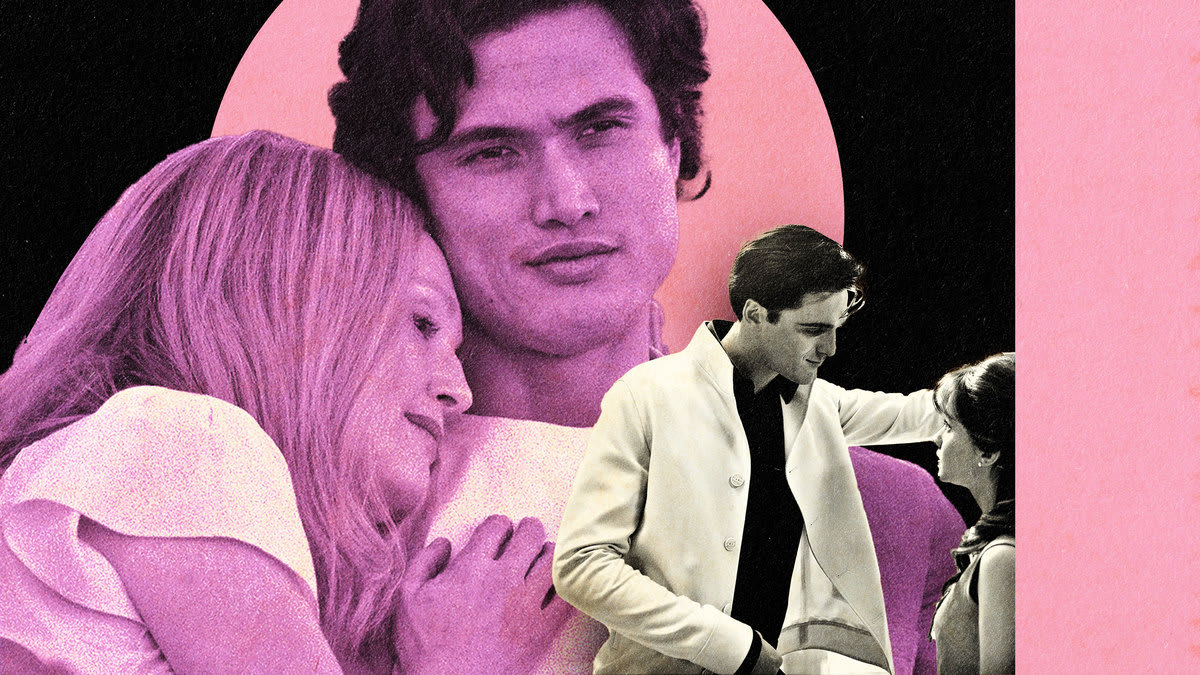 A photo illustration of Julianne Moore, Charles Melton, Cailee Spaeny, and Jacob Elordi
