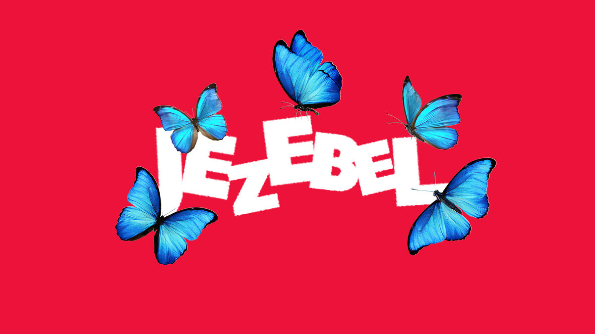 Photo illustration of the Jezebel logo with blue butterflies on top of it.