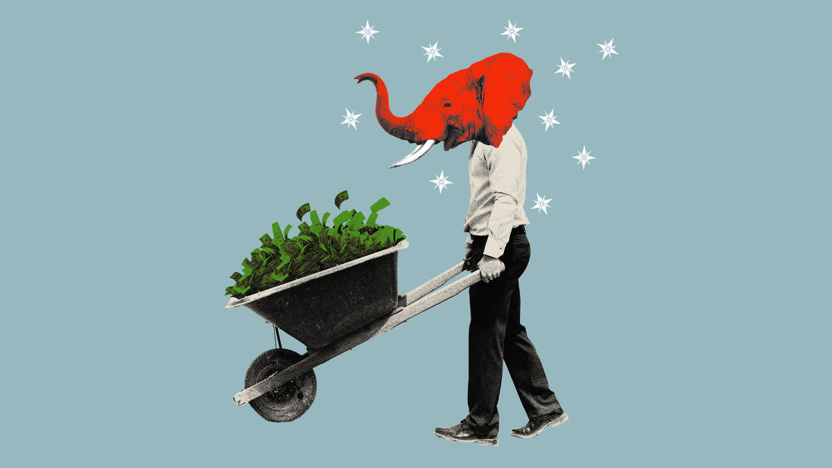 Photo illustration of a business man with a red elephant head pushing a wheelbarrow full of cash.