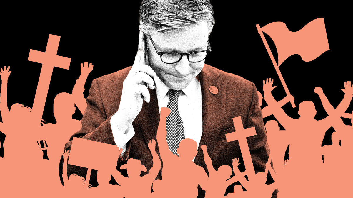 A photo illustration of Mike Johnson surrounded by silhouettes of angry mobs holding crosses, signs, and flags.