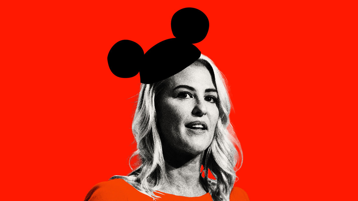 Photo illustration of Bridget Ziegler wearing a Mickey Mouse hat on a red background.