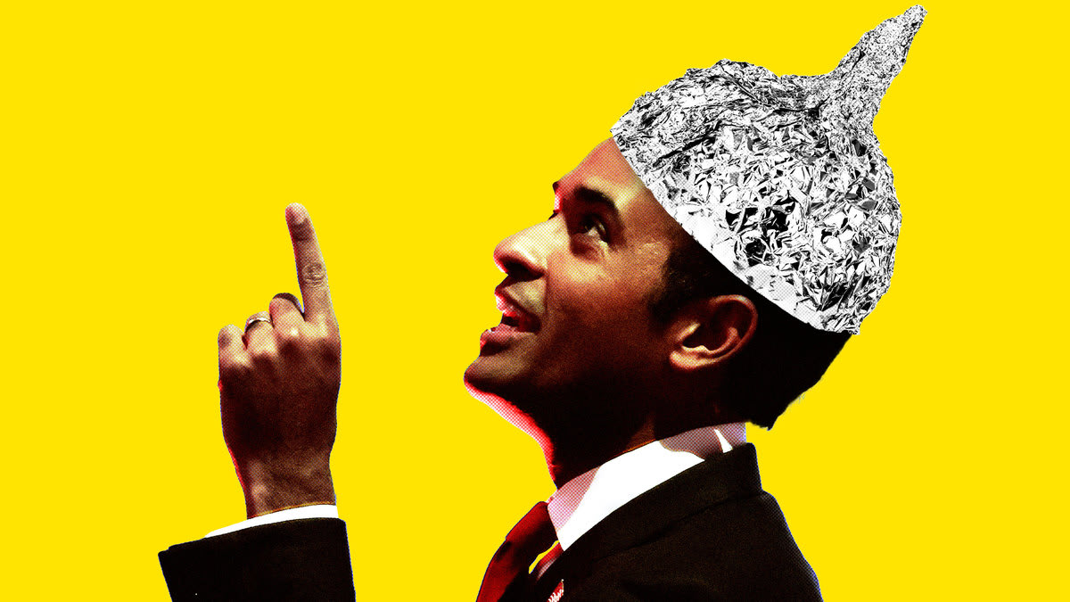 Photo illustration of Vivek Ramaswamy wearing a tinfoil hat on a yellow background
