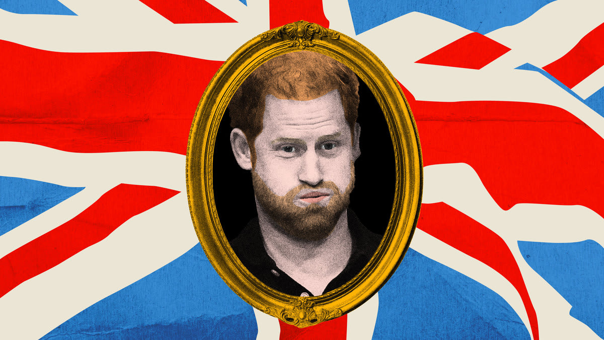 Photo illustration of Prince Harry in a gold frame on a Union Jack background.