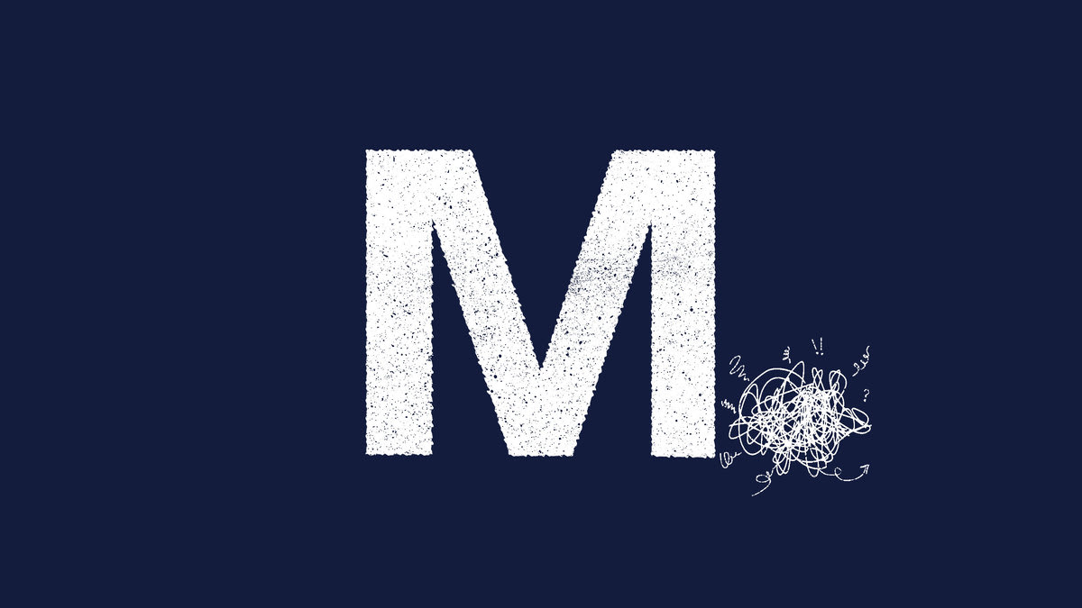 Illustration of the M logo from The Messenger with the period as a mess of jumbled scribble and doodles.