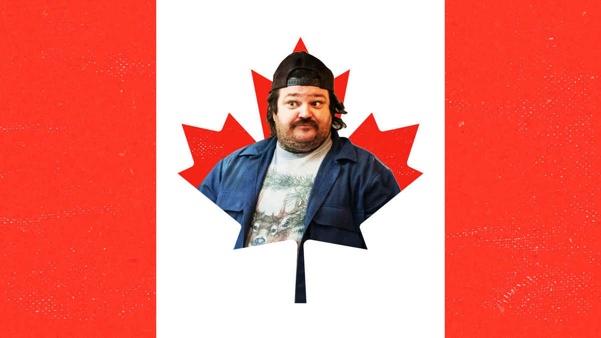 A photo illustration of Matty Matheson inside of a Canadian flag.
