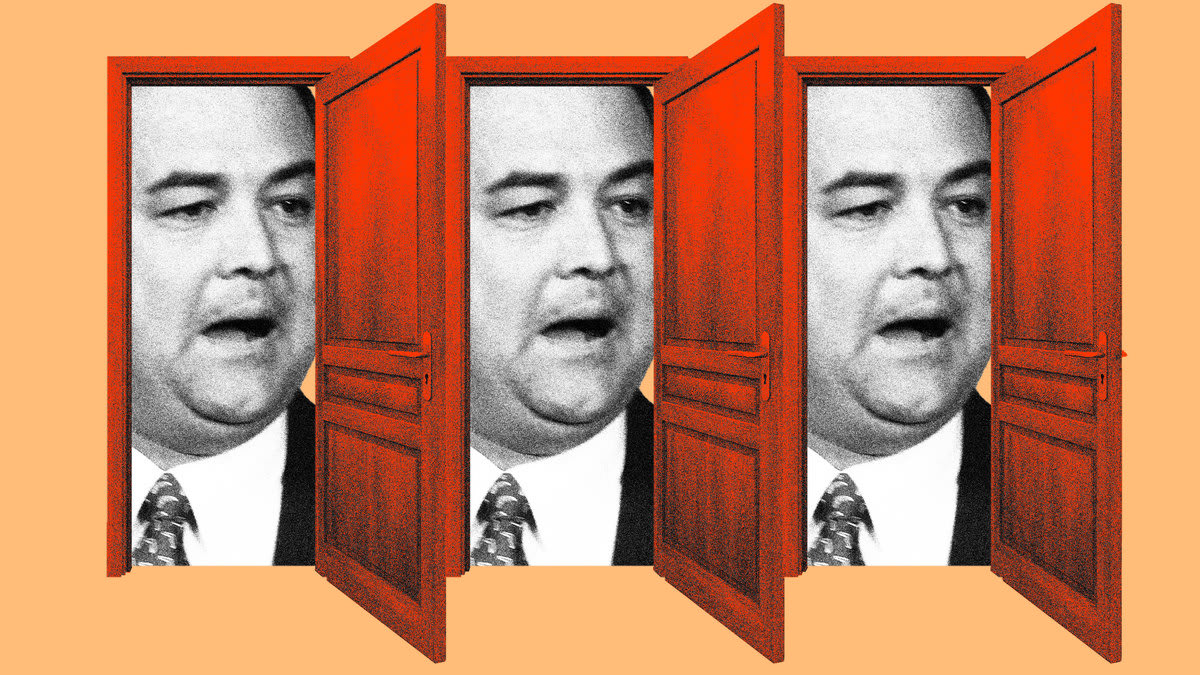 Photo illustration of Christian Ziegler in repeating red open doors on an orange background.