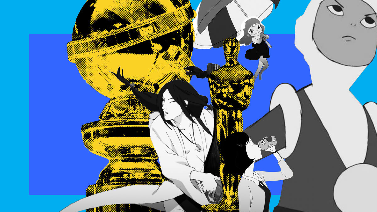A photo illustration of stills from Inu-Oh, Night is Young, Walk on Girl, Mind Game, and Lu Over the Wall with a Golden Globe and Oscar statuette.