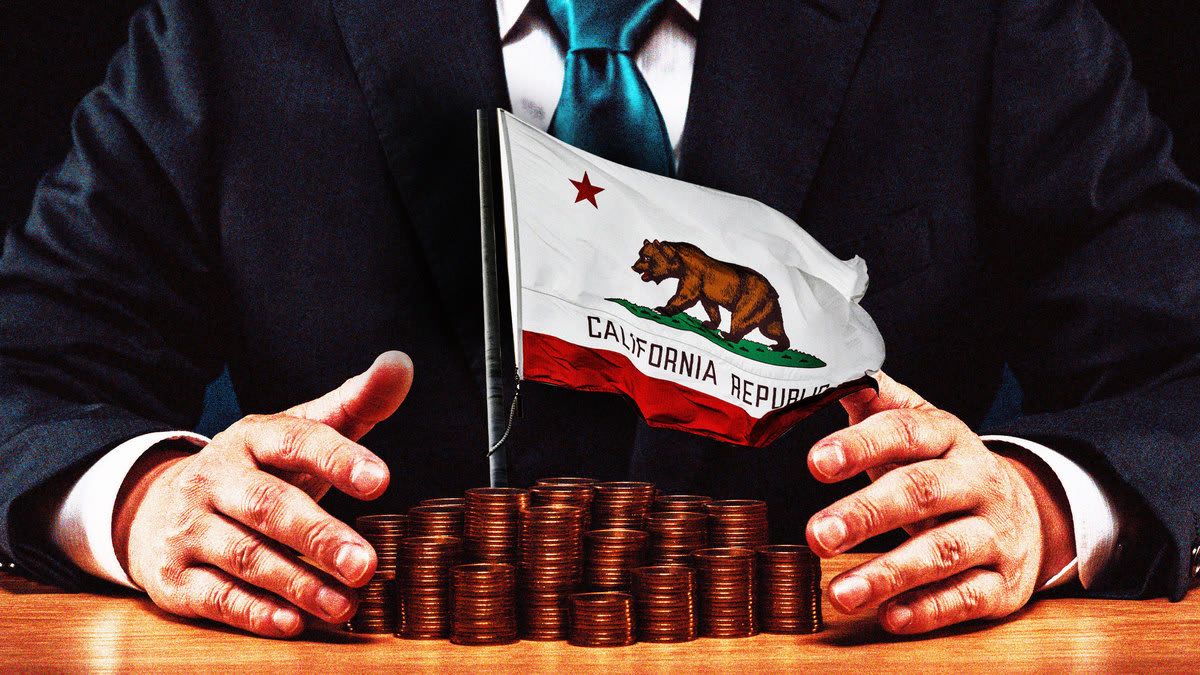 An illustration that includes a photo of a person in a business suit holding money and the Flag of California