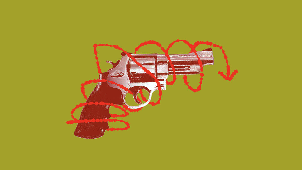 A photo illustration of a handgun wrapped in a red arrow.