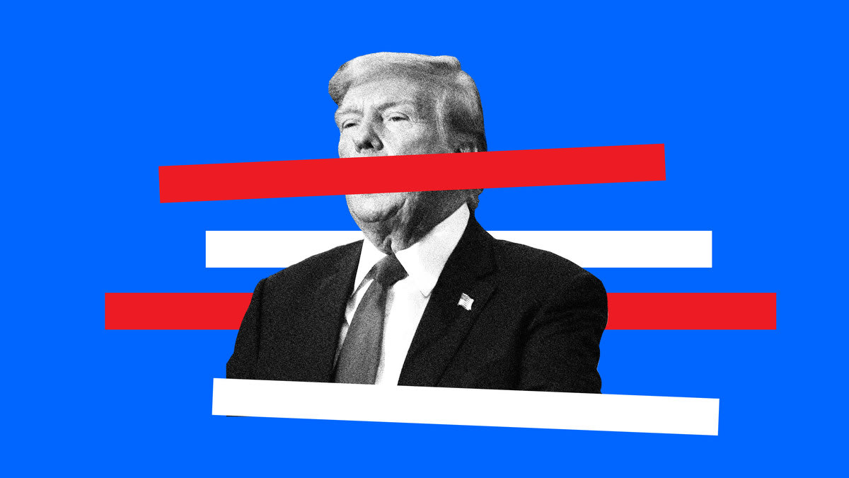 A photo illustration of Donald Trump with red and white bars covering him